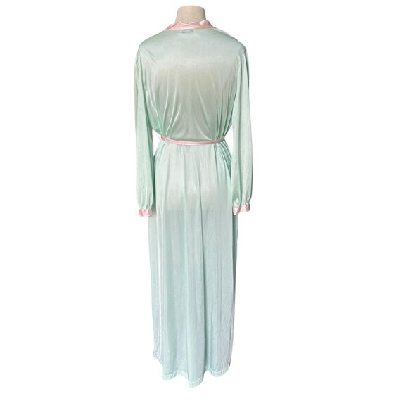 Vintage 80s Gilead Mint Green Pink Trim Satin Robe Dressing Gown Made in USA - Picture 4 of 7